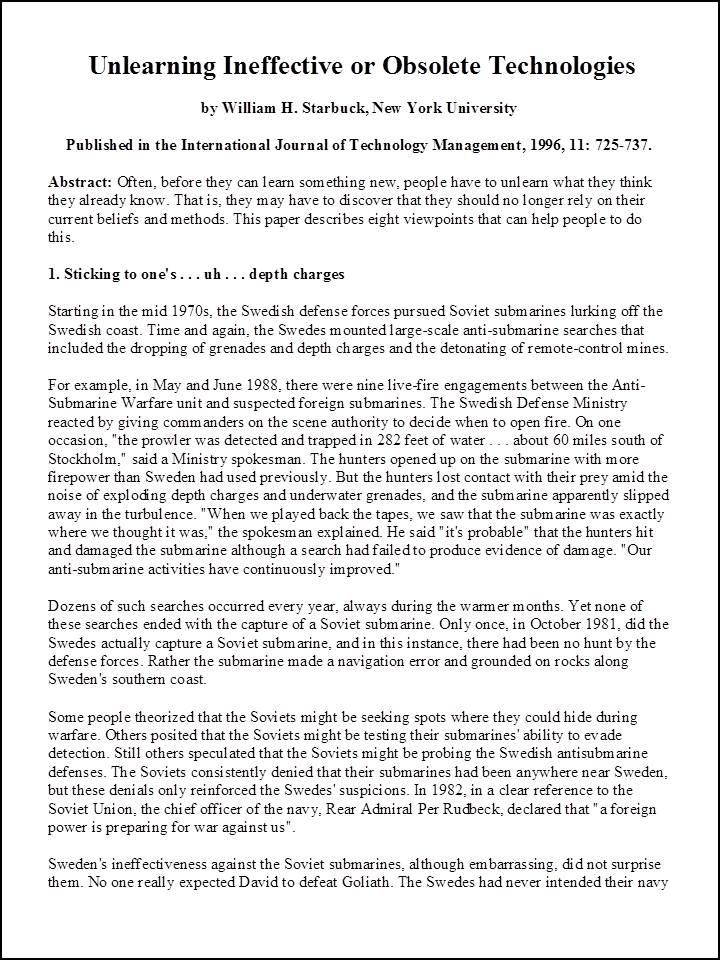 Unlearning Ineffective or Obsolete Technologies by William H. Starbuck Unlearning Ineffective or Obsolete Technologies